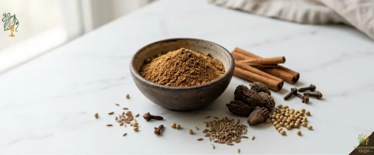 Freshly ground garam masala with whole spices and black cardamom pods on white slate