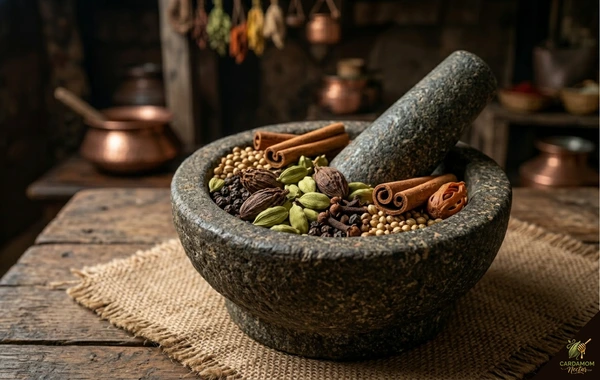 Garam masala whole spices in mortar — green and black cardamom cinnamon cloves before grinding