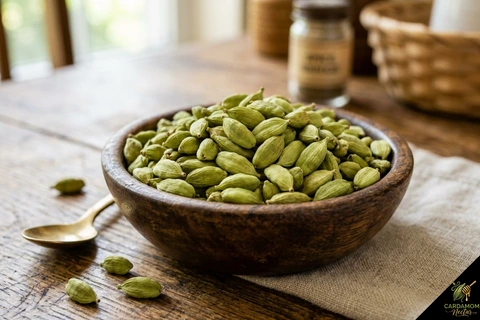 Small bright green cardamom pods — fresh choti elaichi — green cardamom type