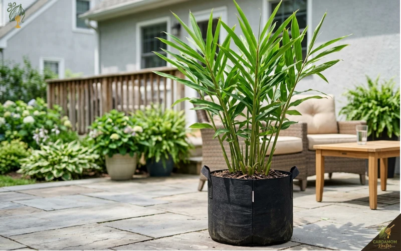 Cardamom in fabric grow bag container for zones 7-9