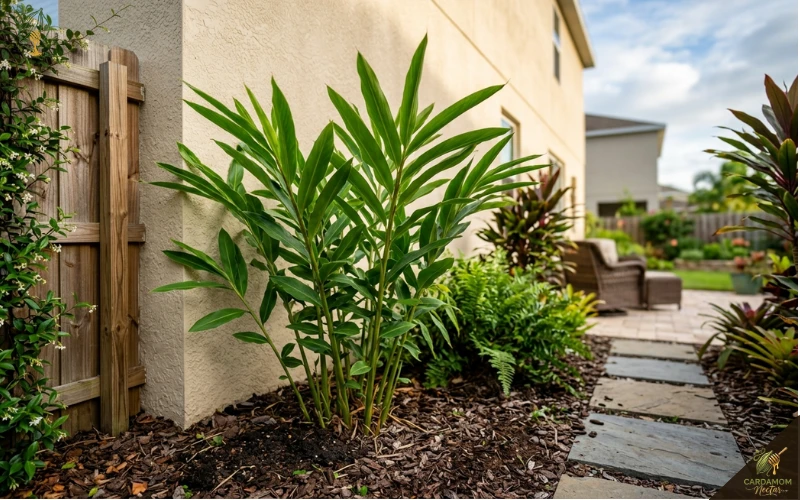 Using south-facing wall microclimate for container cardamom