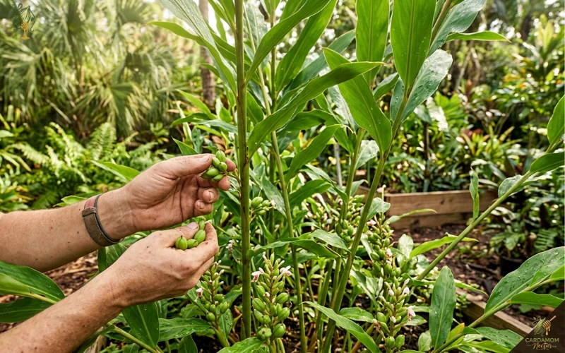 Harvesting cardamom pods from container plant in USA