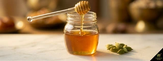 Honey jar drizzle with green cardamom pods — honey cardamom pairing baking desserts