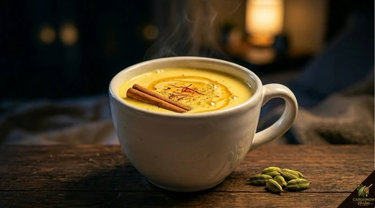 Cardamom honey cinnamon warm milk in white mug with cinnamon stick — cosy winter bedtime drink
