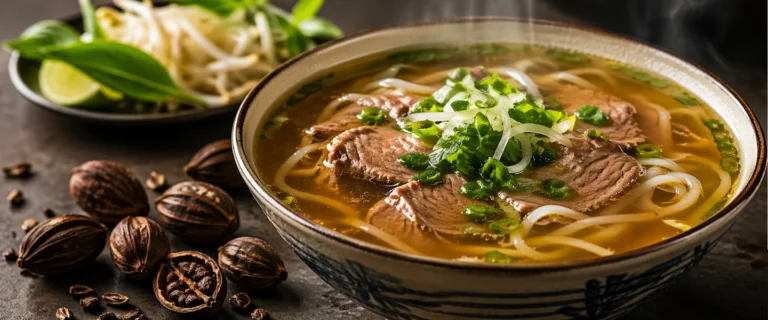 Deep golden pho broth in traditional Vietnamese bowl with black cardamom pods alongside