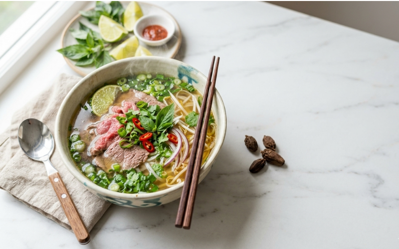 Authentic pho broth bowl with rice noodles fresh herbs bean sprouts lime and black cardamom