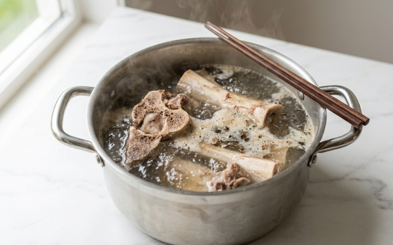 Beef knuckle and marrow bones blanching in boiling water removing grey impurities for clear pho broth