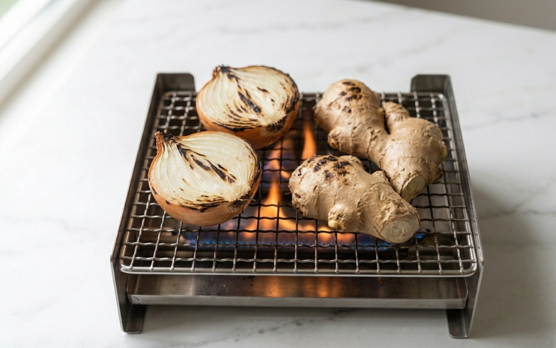 Onion halves and ginger being charred directly on open gas flame for authentic pho broth depth