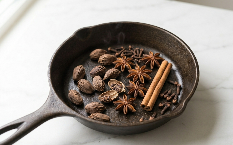 Black cardamom pod and pho spices dry toasting in cast iron skillet releasing volatile aromatics