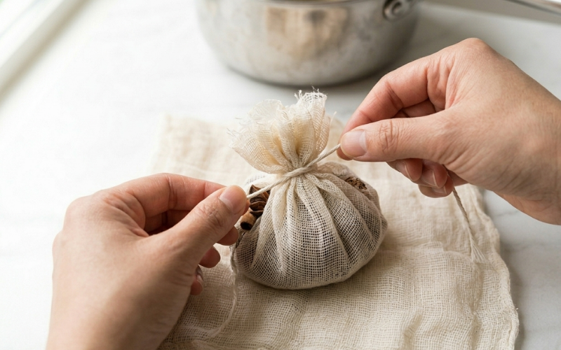Toasted pho spices including black cardamom being tied in cheesecloth sachet for easy removal