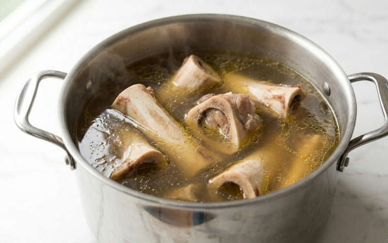 Beef bones and brisket simmering in clear golden pho broth in large stockpot at bare simmer