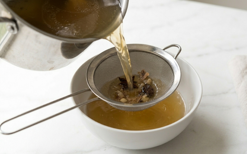 Golden pho broth being strained through fine mesh sieve lined with muslin for crystal clear result