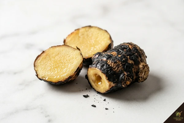 Charred ginger halves showing correct degree of blackening for authentic pho broth