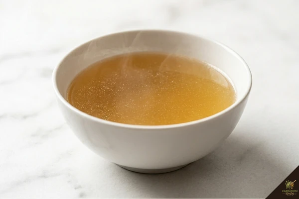 Crystal clear golden pho broth in ladle after proper blanching skimming and straining