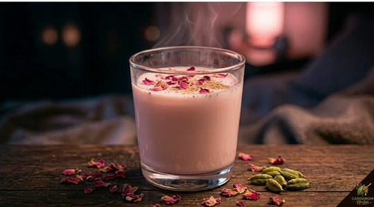 Rose cardamom milk in glass with rose petals and cardamom pods — floral aromatic Middle Eastern drink