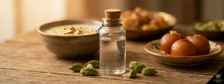 Rose water in small bottle with cardamom pods — rose water cardamom pairing in kheer gulab jamun