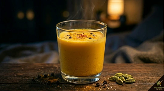 Golden saffron cardamom milk in glass with saffron strands — kesar elaichi doodh recipe
