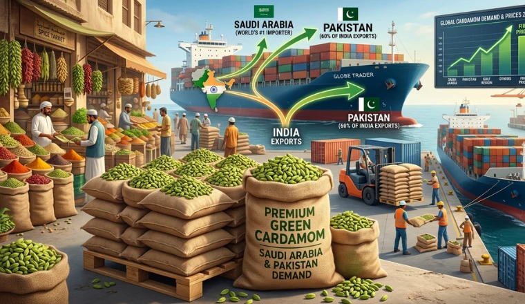 An infographic and illustration showing global cardamom trade routes from India to Saudi Arabia and Pakistan, featuring cargo ships, bags of premium green cardamom at a port, and a rising market trend graph for 2026.