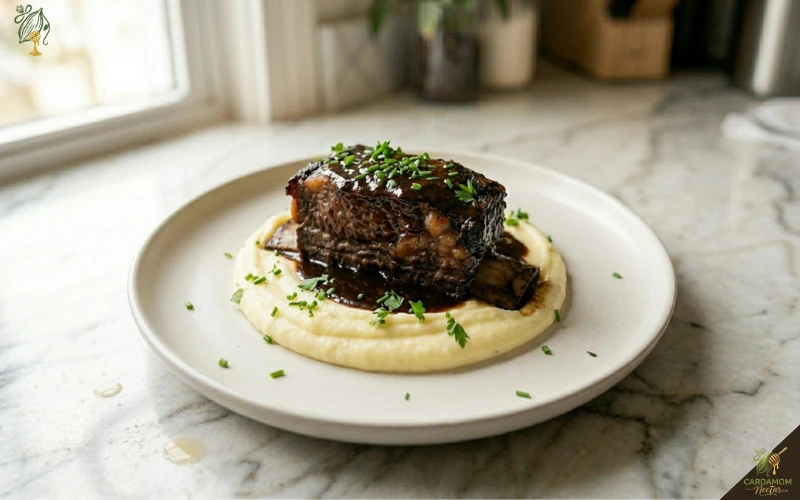 Spiced short ribs with black cardamom plated over creamy mashed potato with reduced braising sauce