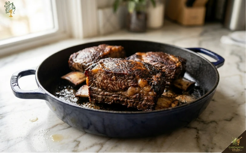 Bone-in short ribs being seared in Dutch oven to deep mahogany brown crust on all sides