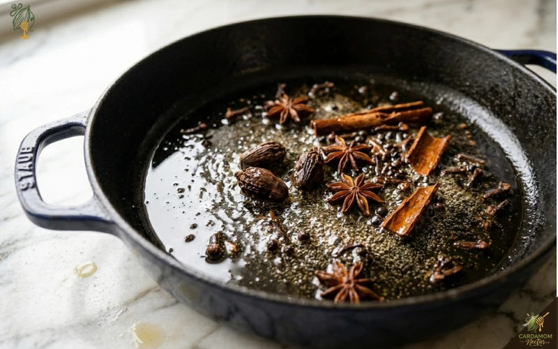 Black cardamom pods cinnamon star anise and cloves blooming in rendered beef fat in Dutch oven