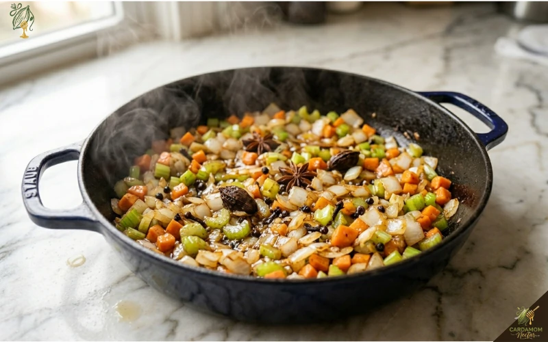 Onion carrot celery and garlic mirepoix cooking down in spiced beef fat in Dutch oven