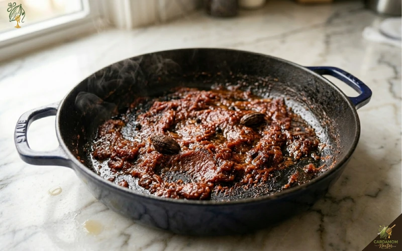 Tomato paste caramelising to dark brick red in centre of Dutch oven before deglazing