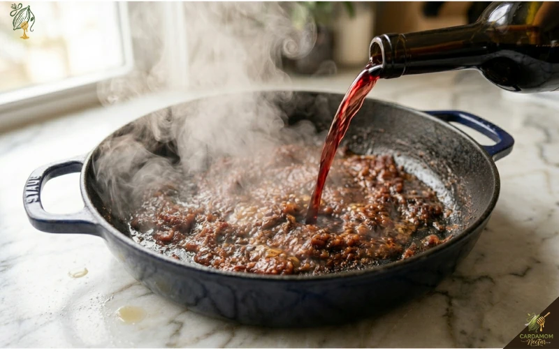 Red wine being poured into Dutch oven to deglaze — steam rising as wine hits hot pot base
