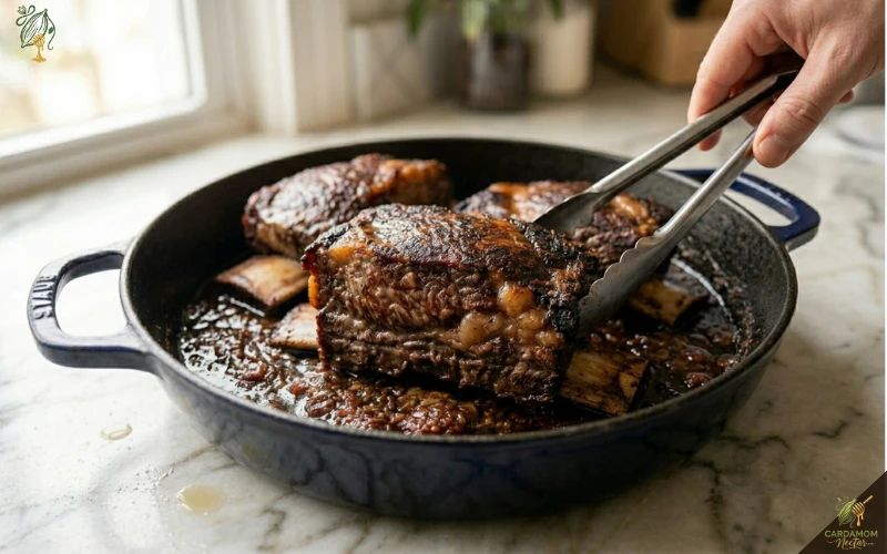 Short ribs being nestled back into braising liquid in Dutch oven before going into oven