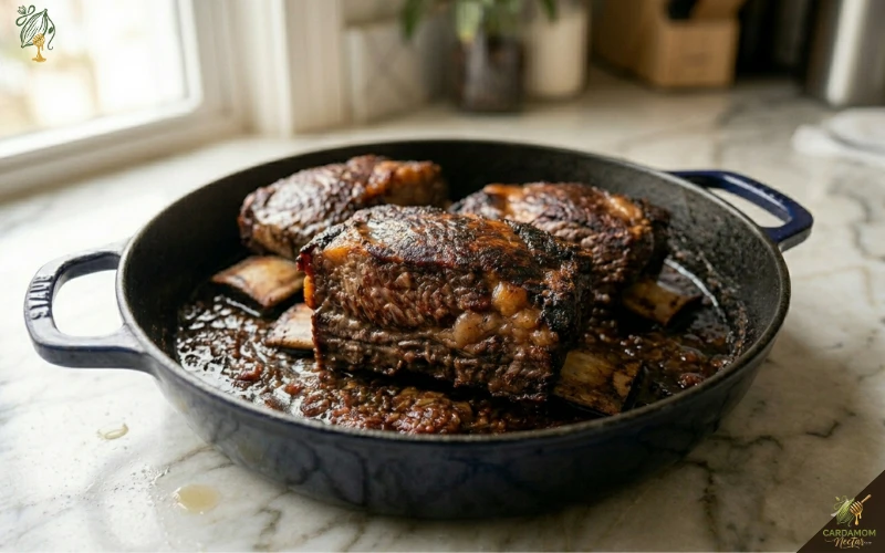 Finished braised short ribs in Dutch oven after 3 hours — fall-off-bone tender with dark glossy sauce