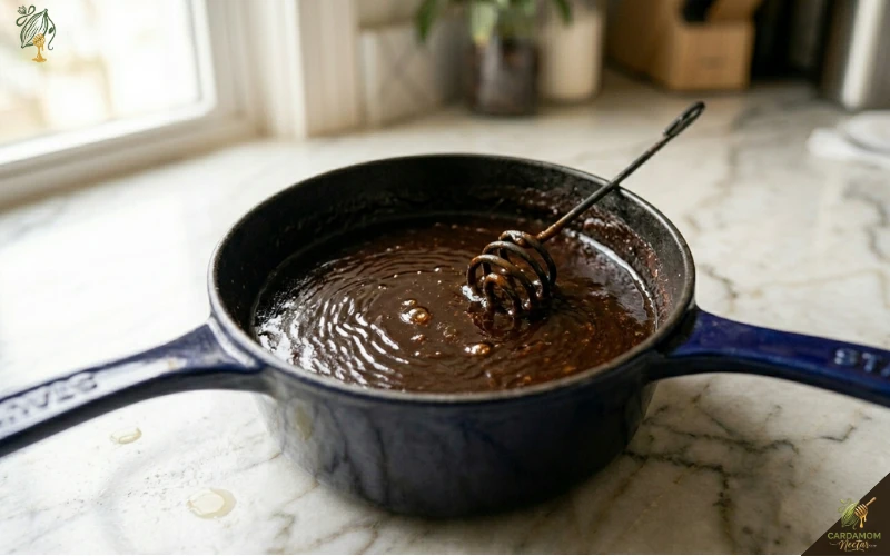 Braising liquid being reduced in saucepan to silky glossy sauce for spiced short ribs