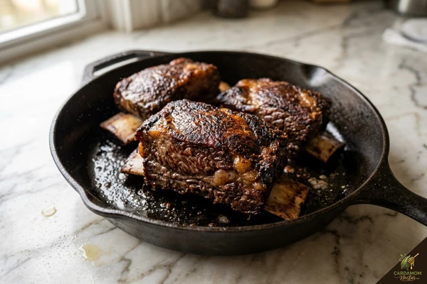 Properly seared short ribs showing deep mahogany brown crust on all sides before braising
