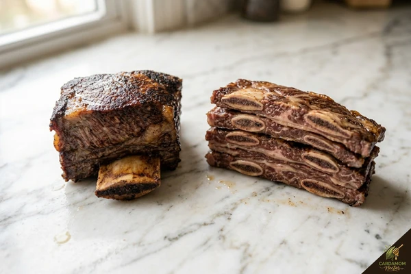 English cut vs flanken cut short ribs comparison showing correct braising cut
