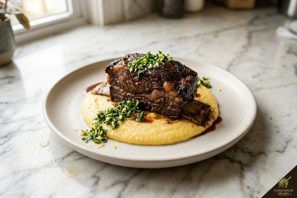 Short ribs plated over creamy polenta with gremolata — restaurant presentation technique