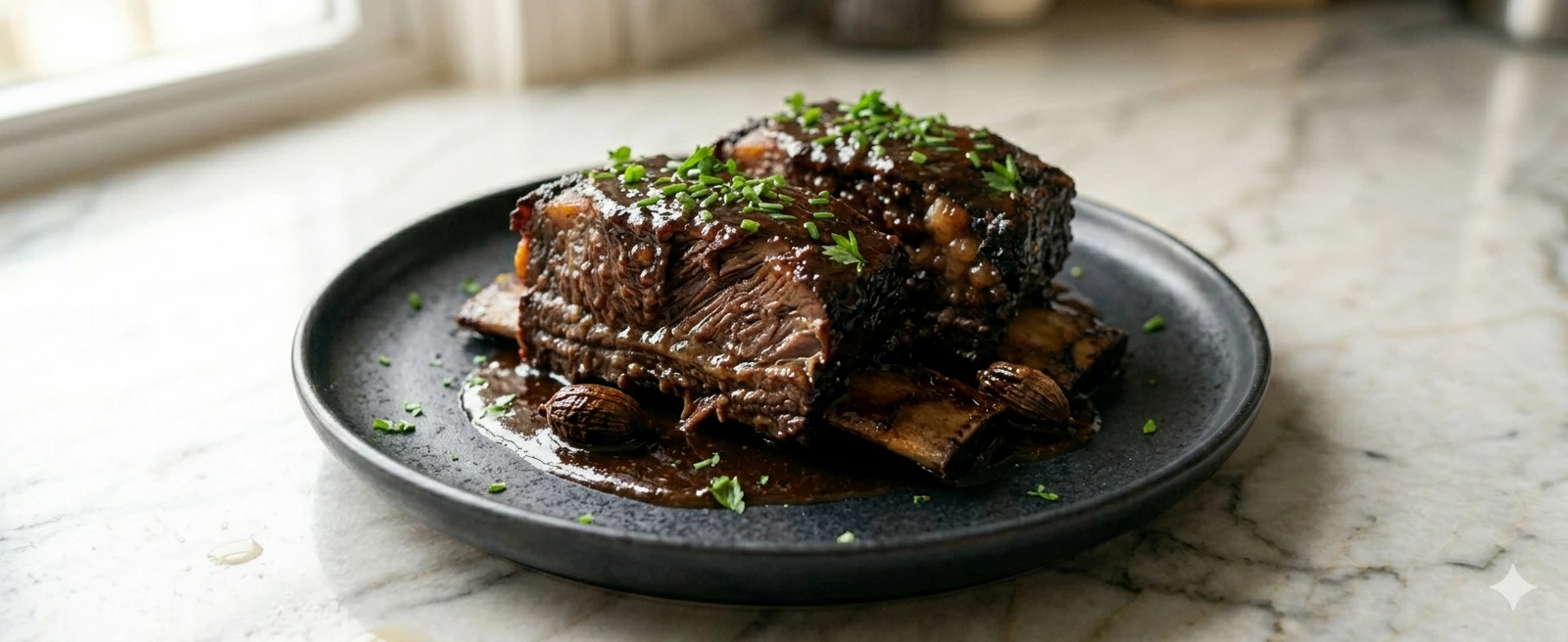 Fall-off-bone braised short ribs with dark glossy sauce and black cardamom pods on dark plat