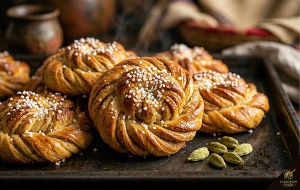 Swedish cardamom buns kardemummabullar with pearl sugar freshly baked on tray