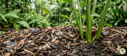Cardamom plant with deep mulch in Australian garden — essential moisture retention technique
