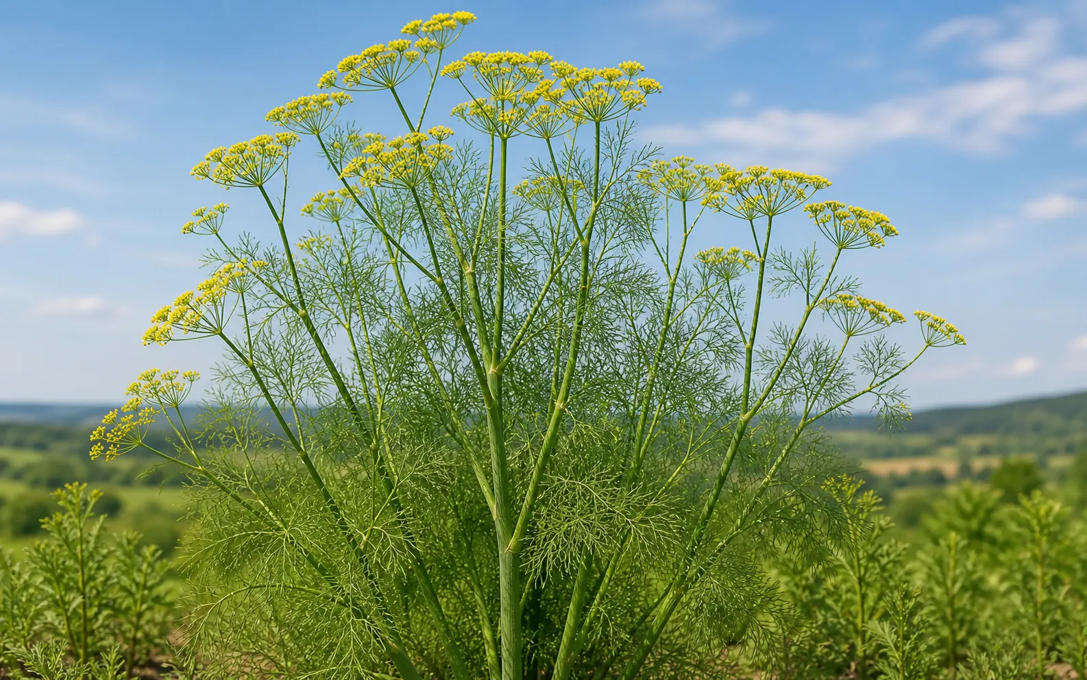 Common fennel herb plant — foeniculum vulgare with yellow flowers and feathery fronds