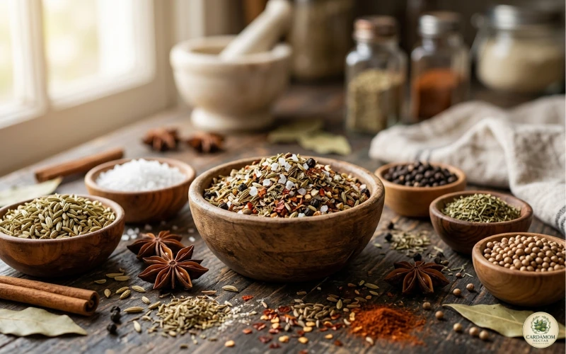Fennel seeds in spice blends bahaarat panch phoron ras el hanout use