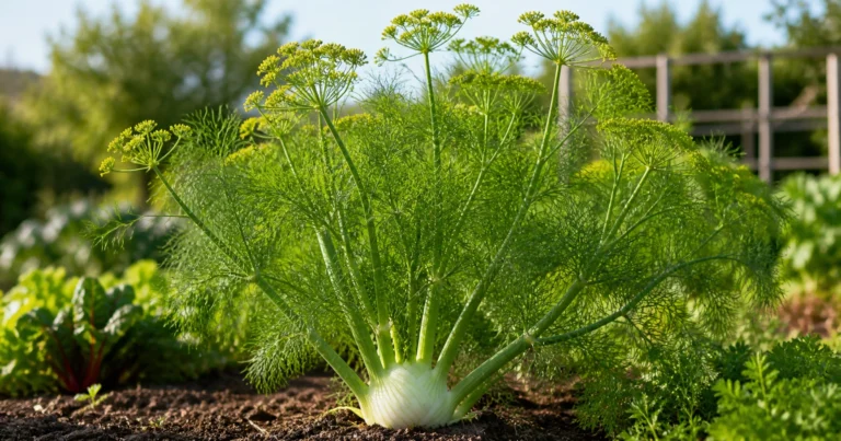 Healthy fennel plant growing in vegetable garden with feathery green foliage and flowering stems