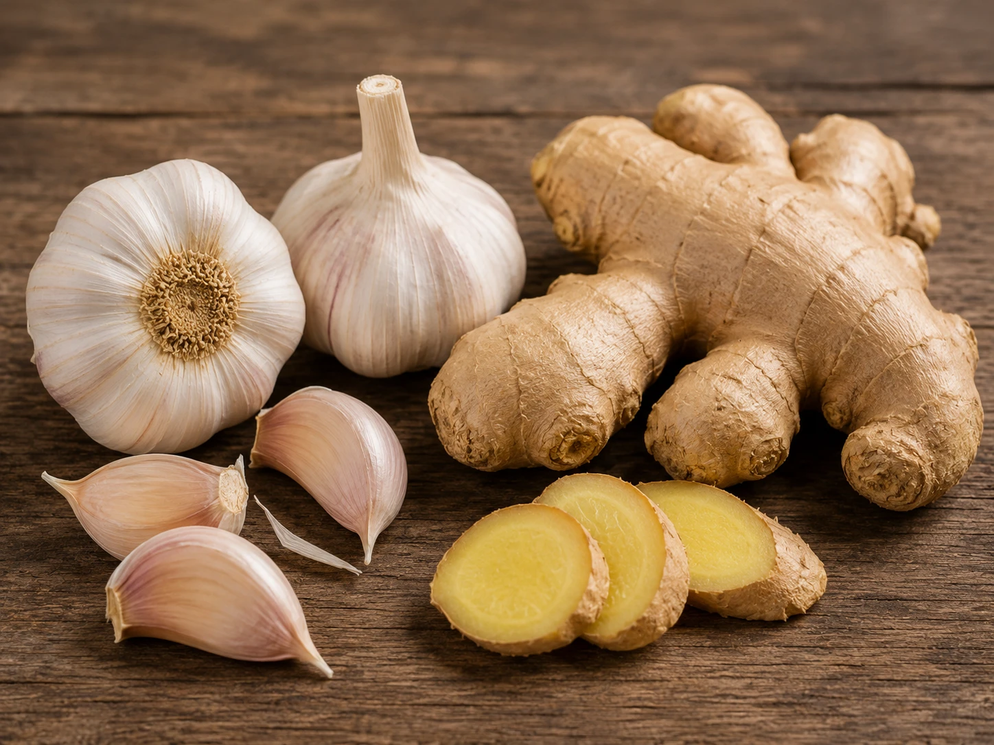 Garlic and ginger root on a wooden surface