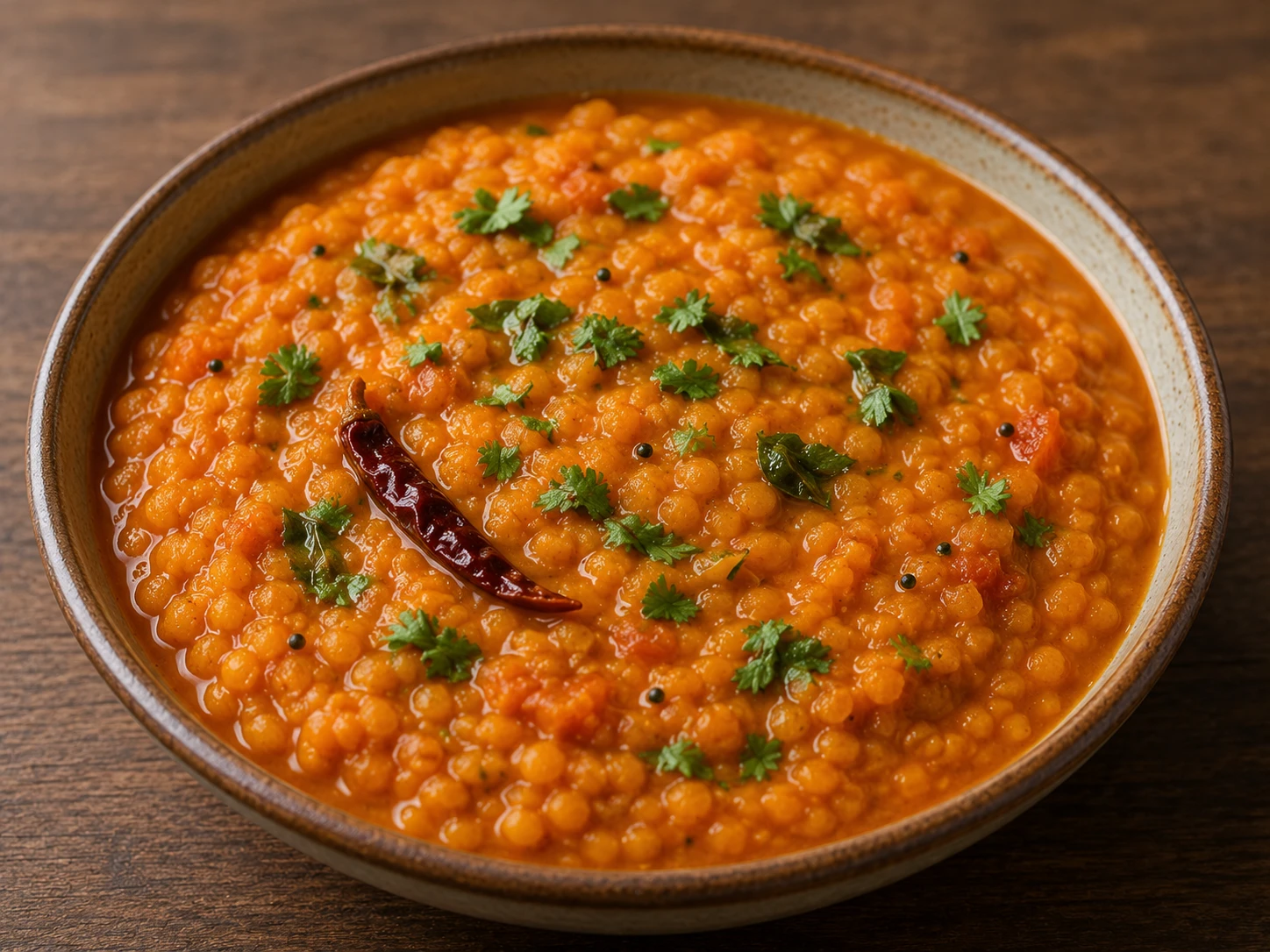 Bowl of cooked red lentil dal