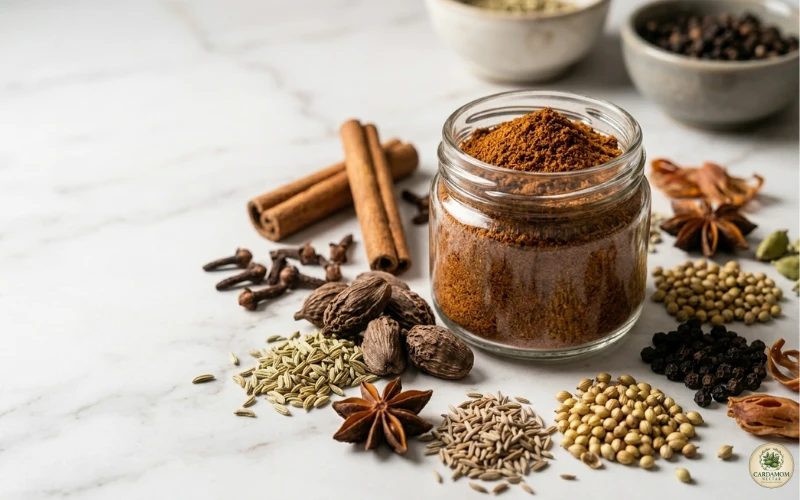 Nihari masala spice powder in glass jar surrounded by whole spices — black cardamom, fennel, cinnamon