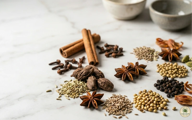 All whole spices for nihari masala measured and laid out on dark surface before toasting