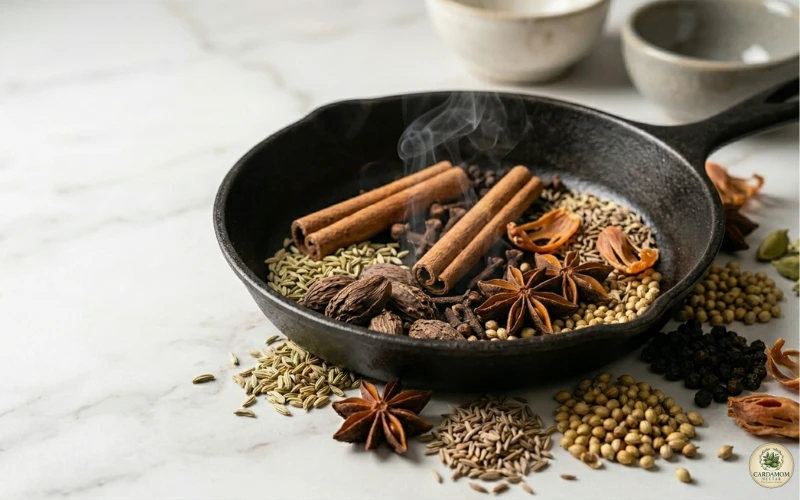 Dry toasting nihari masala whole spices in pan — black cardamom releasing aromatic smoke