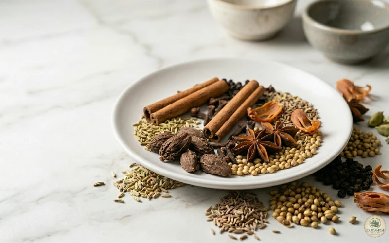 Freshly toasted nihari masala spices spread on wide plate to cool before grinding