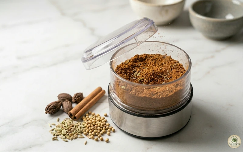 Grinding cooled nihari masala spices in electric spice grinder to fine powder