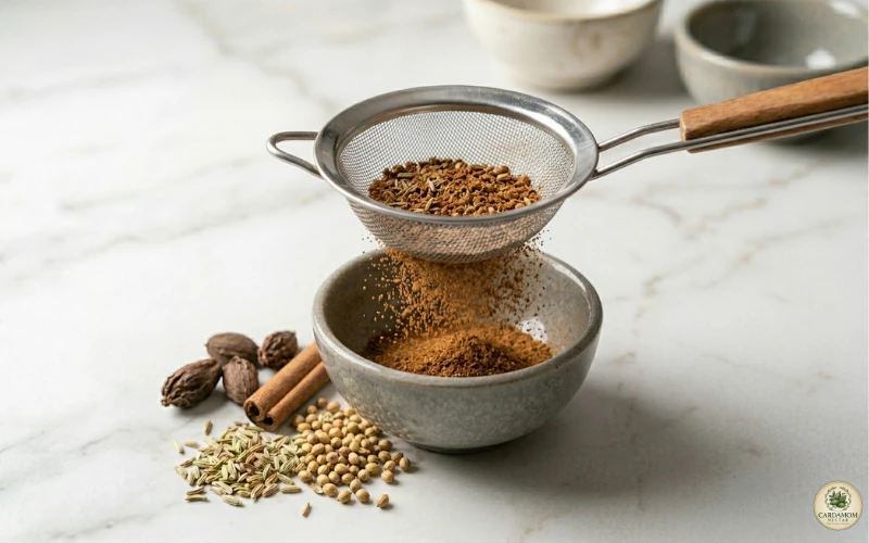 Sieving freshly ground nihari masala through fine mesh sieve to remove fibrous fennel husks