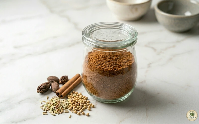 Storing finished nihari masala in sealed glass airtight jar with label showing date