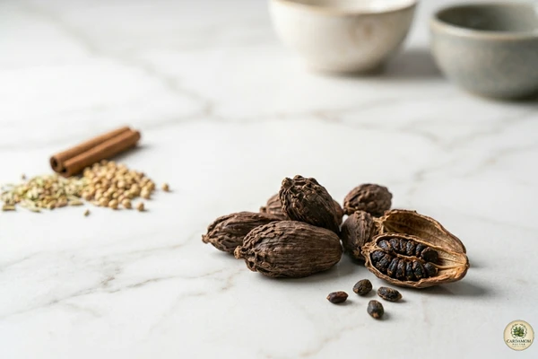 Whole and split black cardamom pods — the structural lead spice in nihari masala